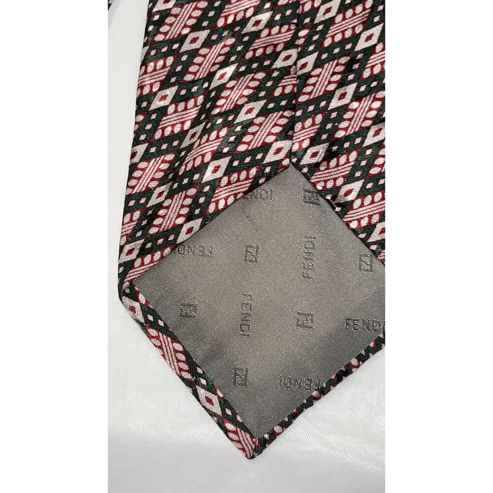 Vintage FENDI Silk Neck Tie - Green & Red Geometric - 4